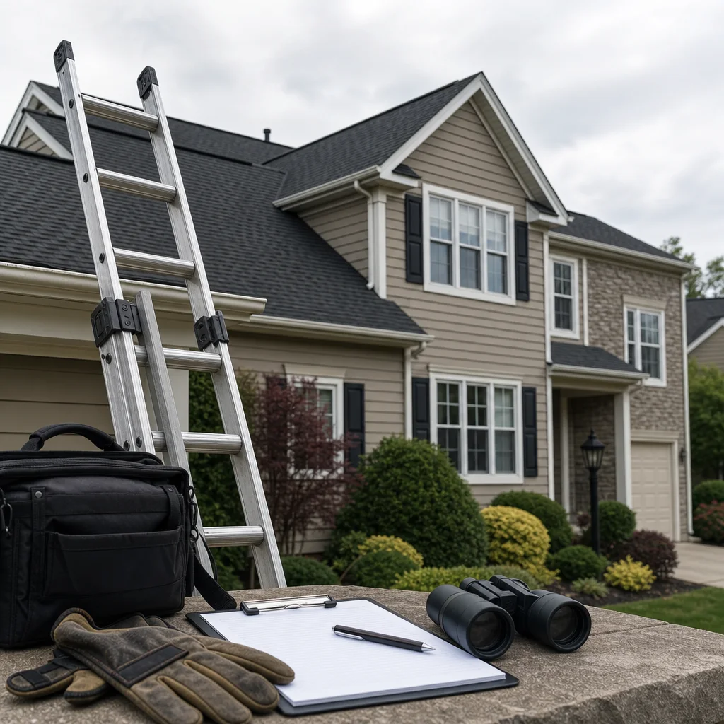 Roof inspection equipment beside a Northern Virginia home