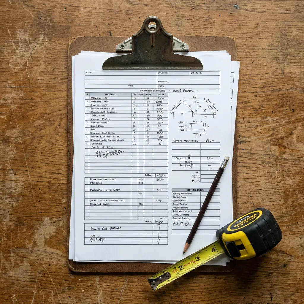 Roofing estimate paperwork, tape measure and pencil on a desk
