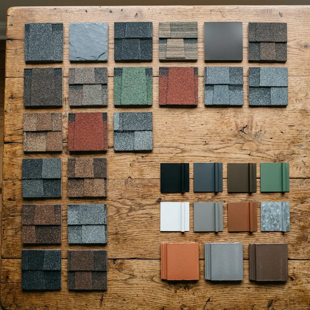 Roofing material and color sample chips arranged on a table