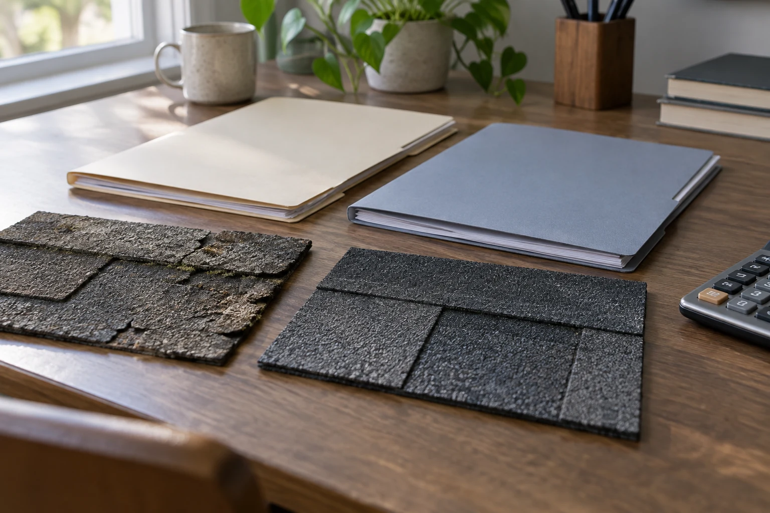AI-generated editorial image: Policy folders and old and new shingle samples on a desk