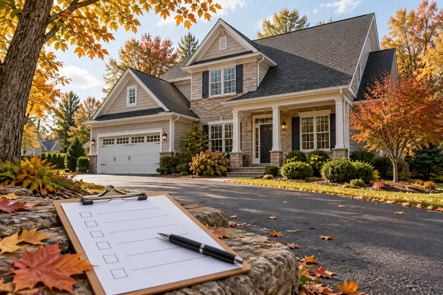 Annual roof maintenance checklist beside a Virginia home viewed from the ground, generated editorial illustration