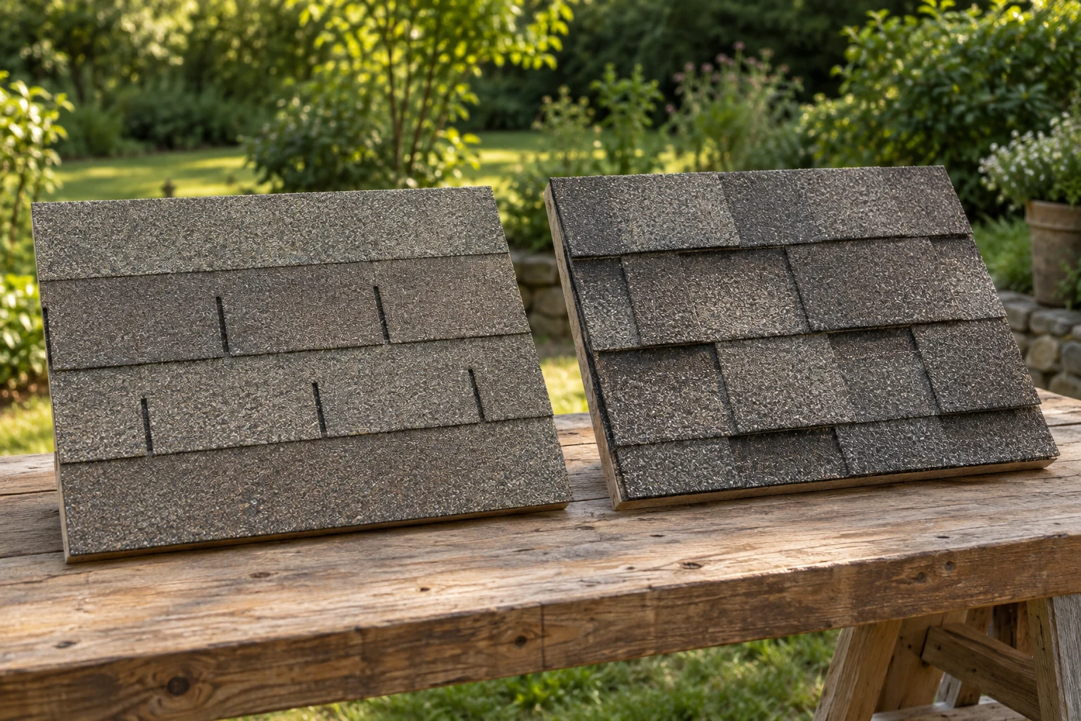 AI-generated editorial comparison of architectural and three-tab asphalt shingles for Virginia roofs