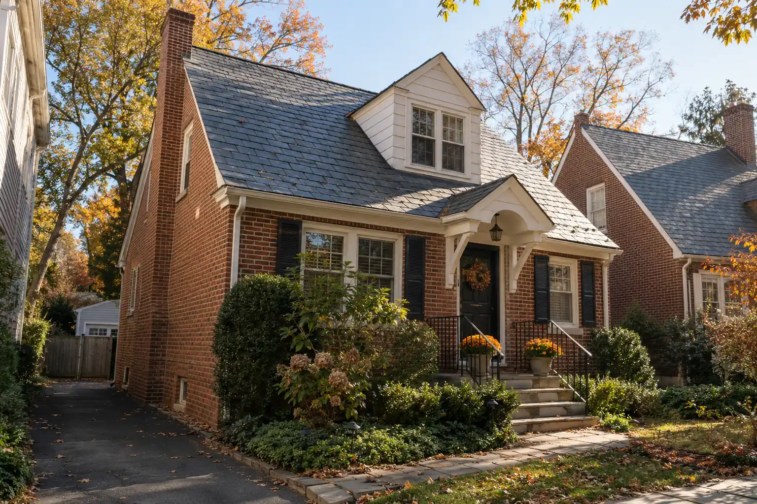 Arlington roofing guide illustration of a Virginia brick bungalow with slate roof and narrow side access