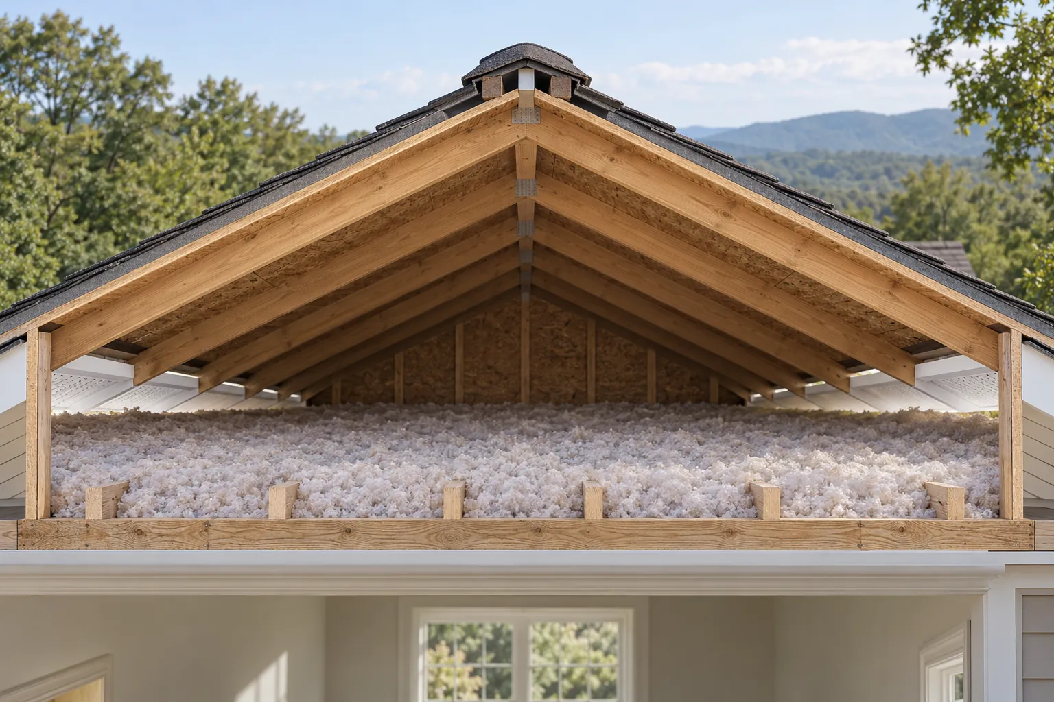 Attic ventilation intake and ridge exhaust in a Virginia home, generated editorial cutaway