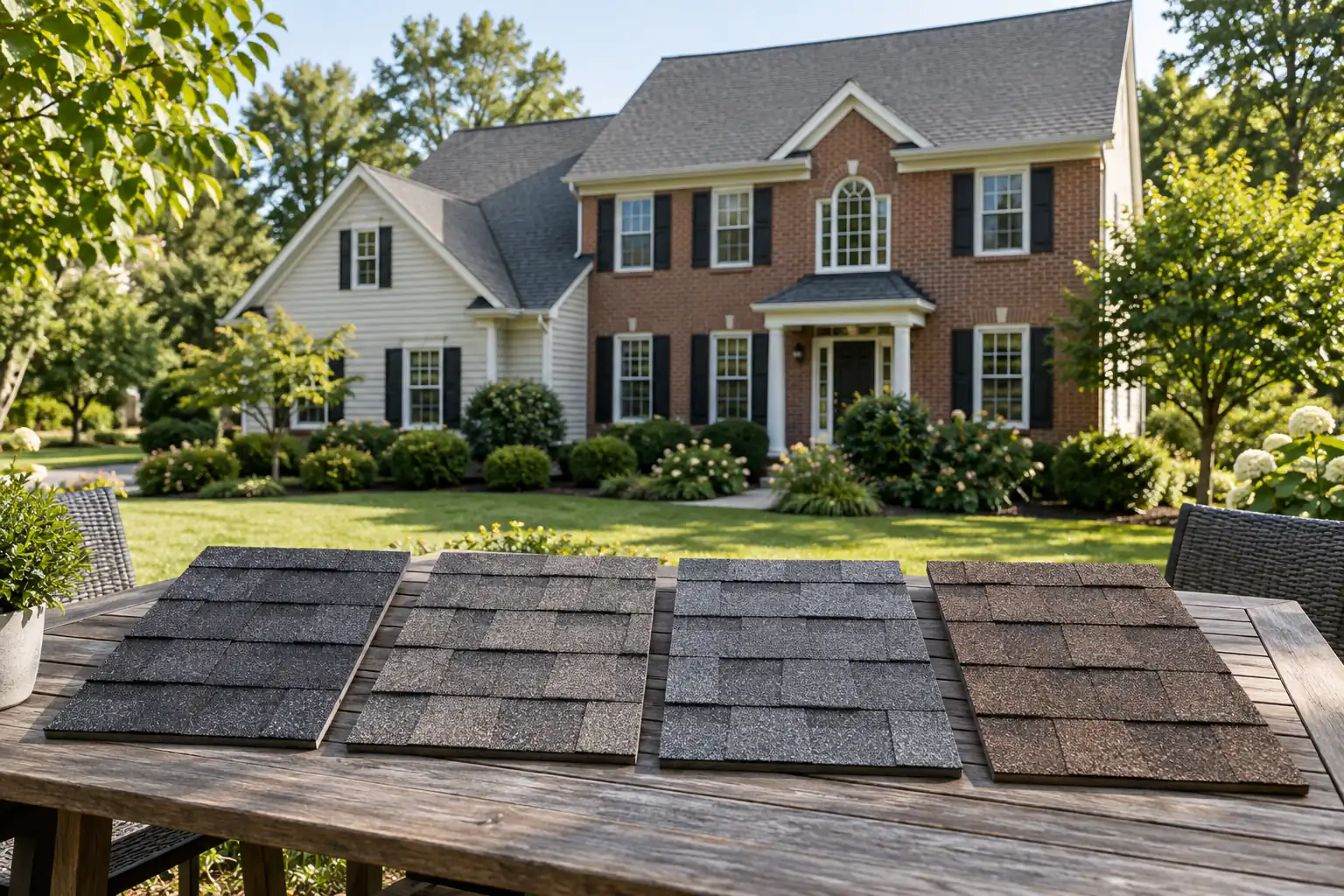 AI-generated editorial display of four asphalt shingle roof colors outside a Northern Virginia home