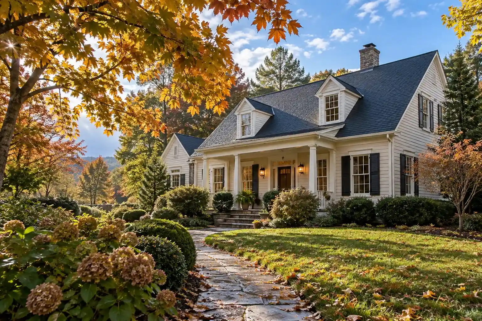 AI-generated editorial image: Virginia-style house and roof framed by autumn foliage