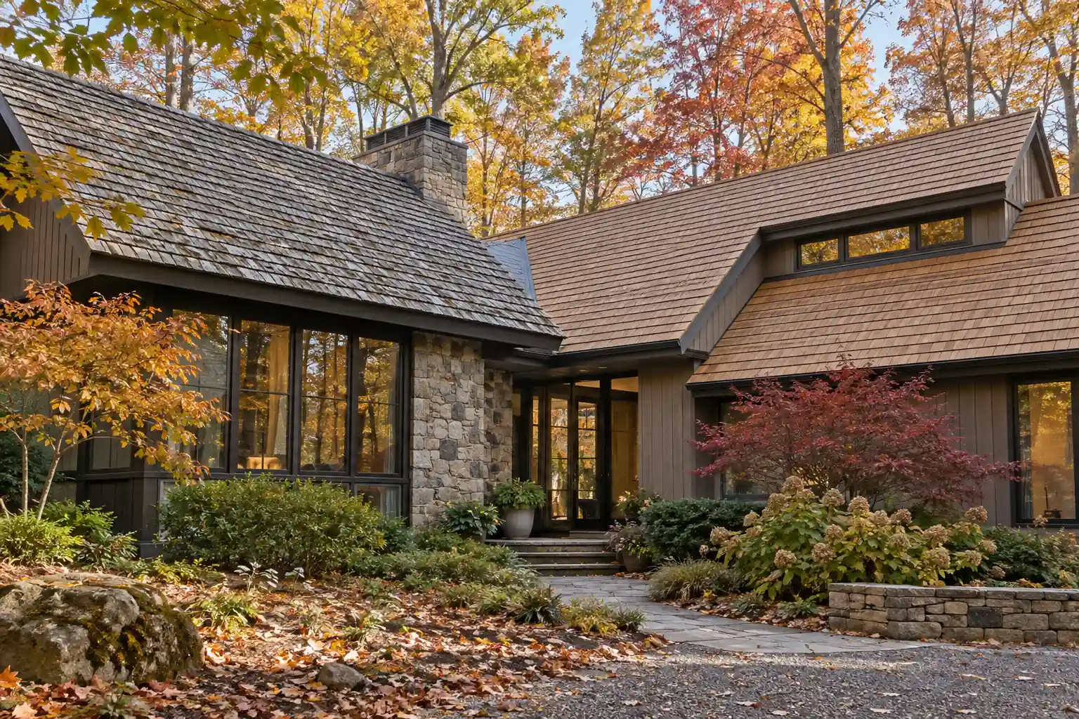 Wooded Northern Virginia home comparing aged cedar shakes with a cedar-look composite roof wing