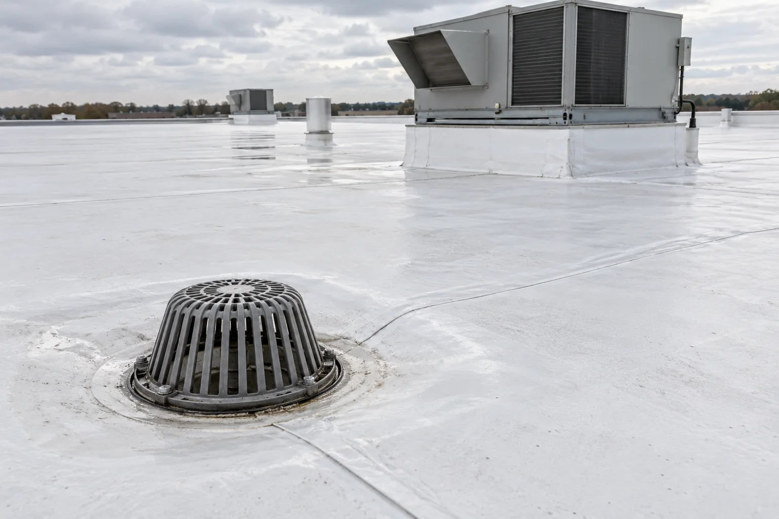 Commercial roof maintenance checklist illustration showing a membrane roof drain, welded seams, and rooftop equipment curb