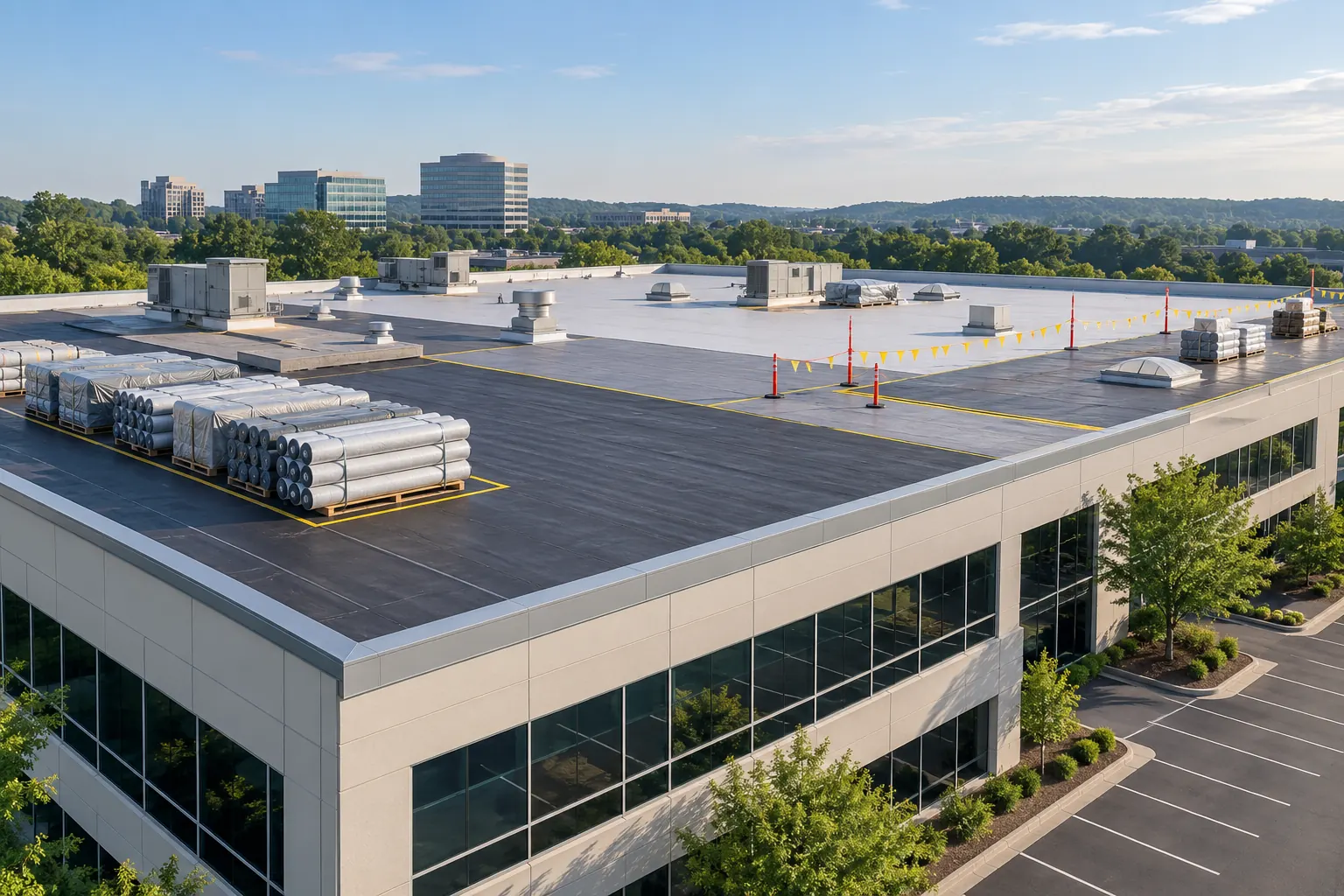 Commercial roof replacement staging above an occupied Northern Virginia office building, generated editorial illustration