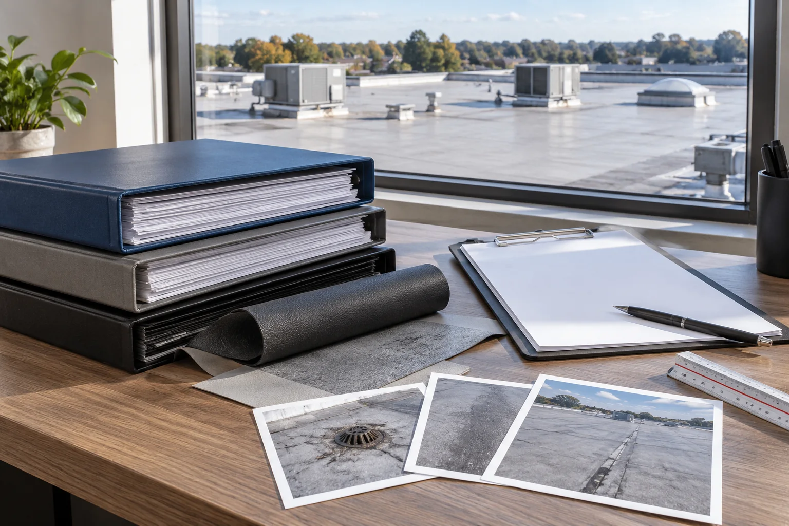 Commercial roof warranty and maintenance files beside a membrane sample in Northern Virginia, generated editorial illustration