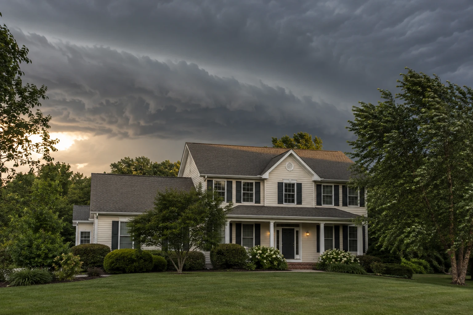 AI-generated editorial scene of summer storm clouds over a Northern Virginia roof