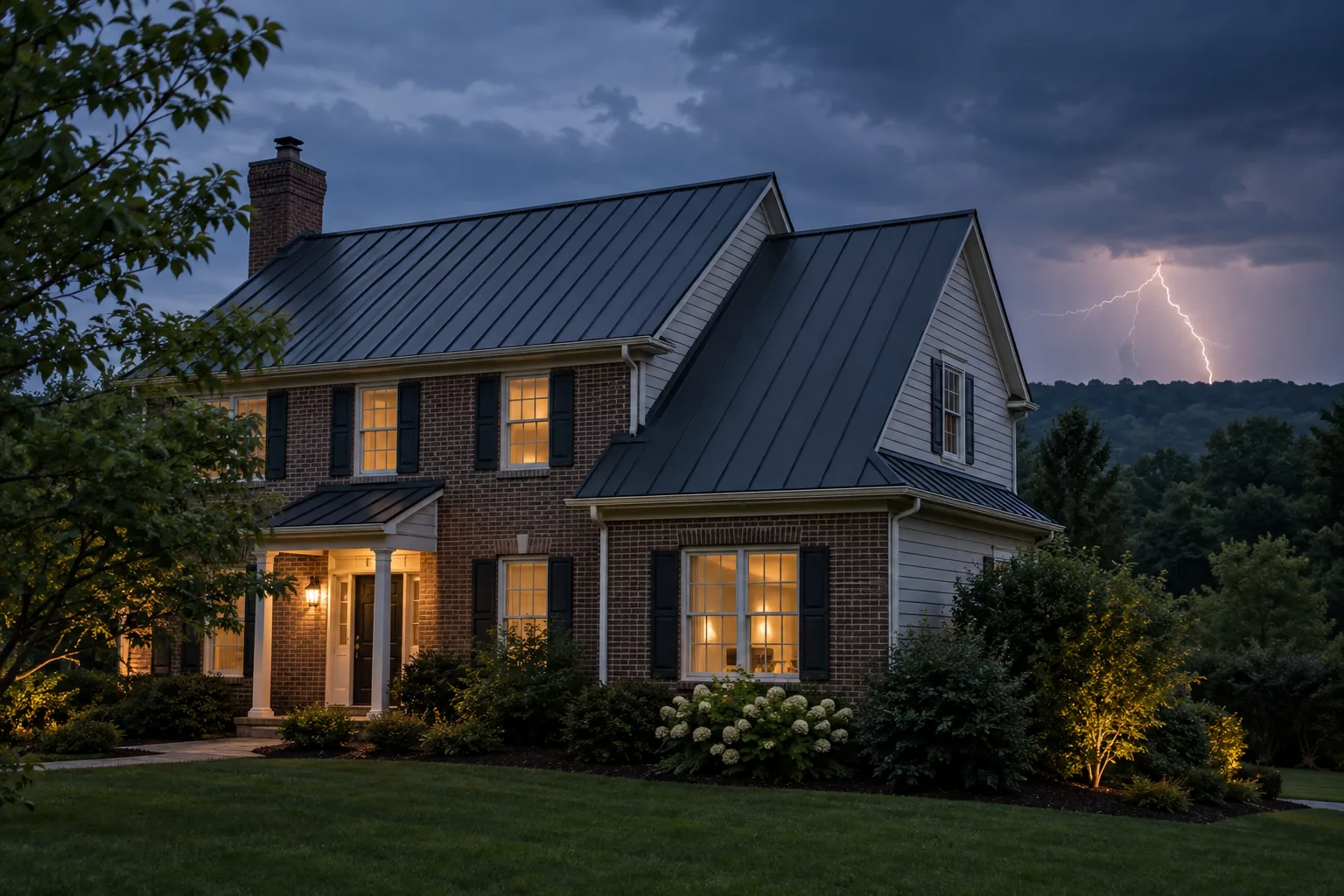 AI-generated editorial scene of distant lightning beyond a standing seam metal roof in Northern Virginia