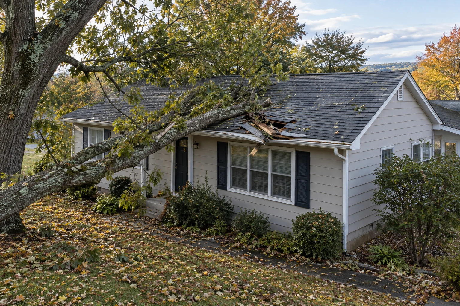 AI-generated editorial image: Localized tree-limb damage at the eave of a ranch-style home