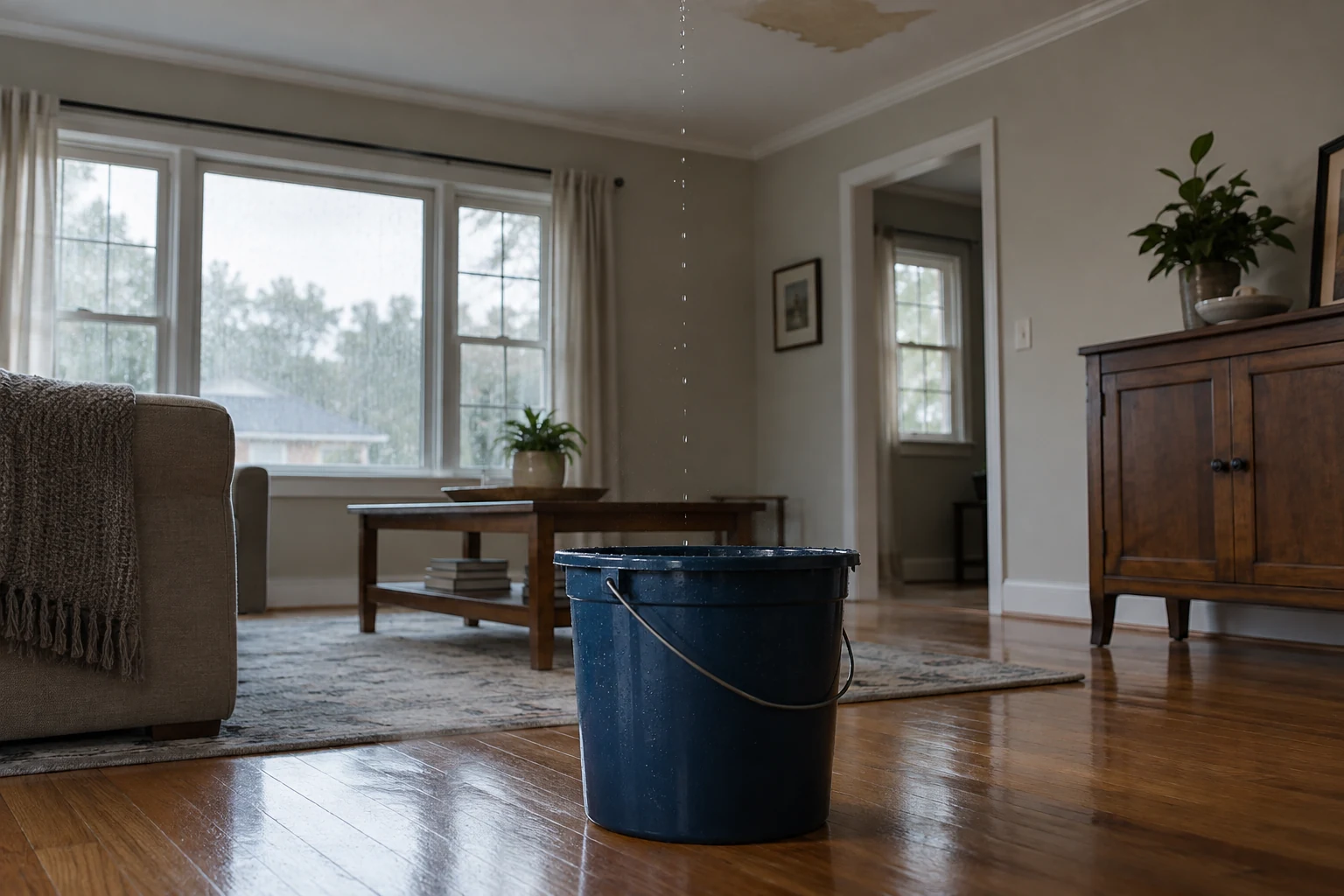 AI-generated editorial image: Bucket catching a ceiling leak in a home interior