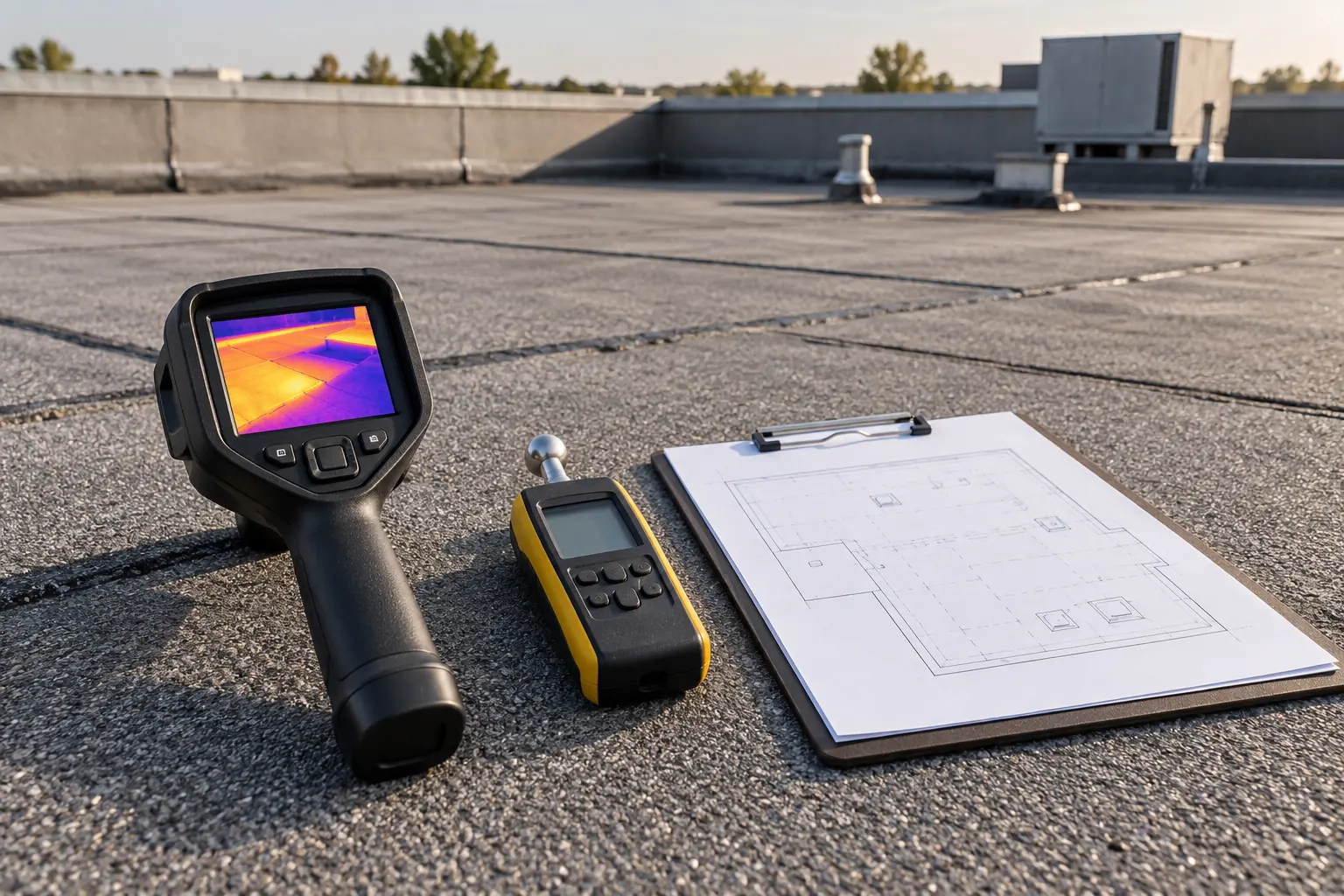 Flat roof leak detection instruments and a roof plan on a Northern Virginia membrane roof, generated editorial illustration