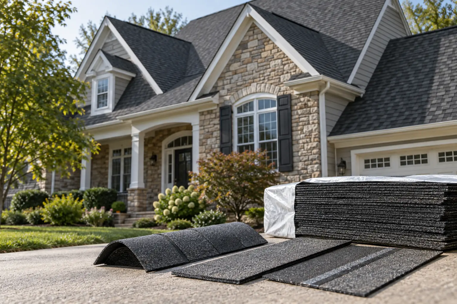 GAF-style architectural shingles and coordinated roof accessories staged beside a Northern Virginia home