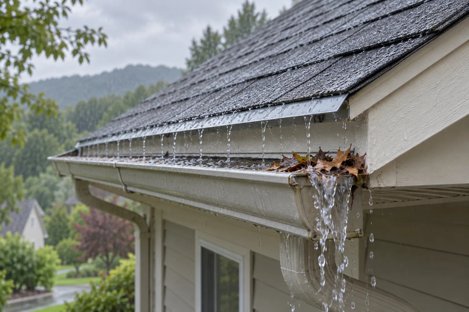 Gutter overflow and roof-edge connection on a Northern Virginia home, generated editorial illustration