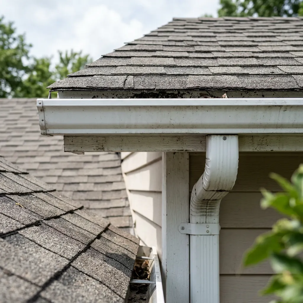 Gutter and roof-edge detail illustrating a hail damage inspection guide for Northern Virginia