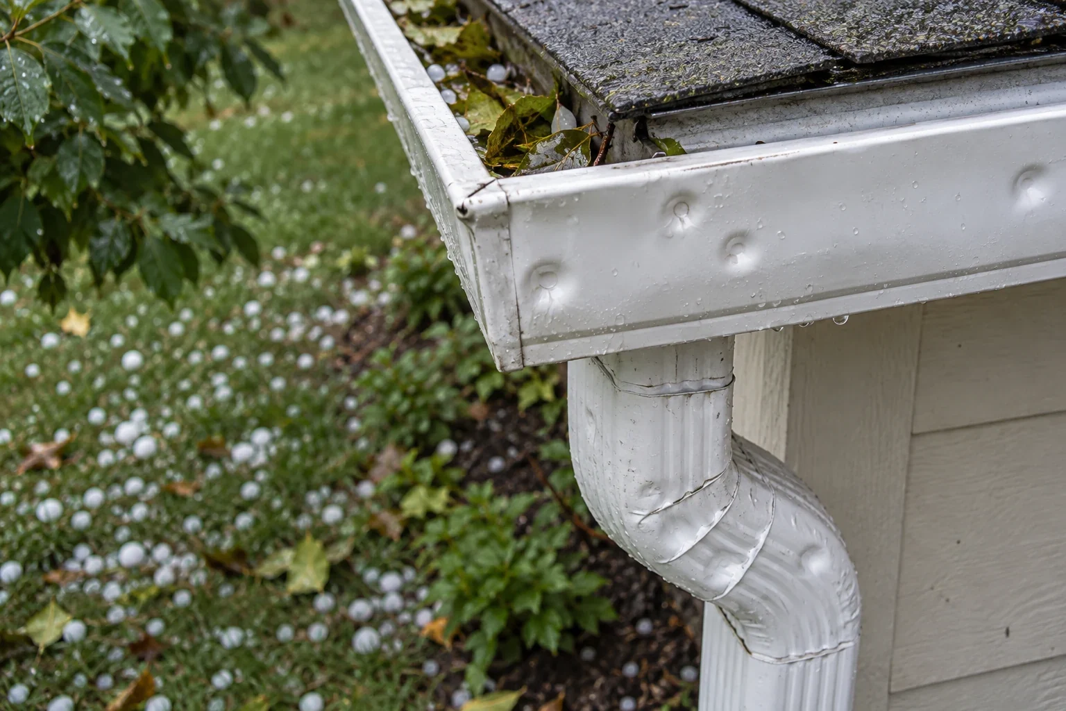 AI-generated editorial image: Small hail dents on an aluminum gutter and downspout