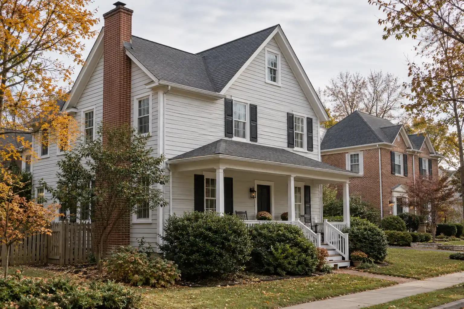 Herndon roofing guide illustration of an older Virginia house with gabled roof, brick chimney, and porch