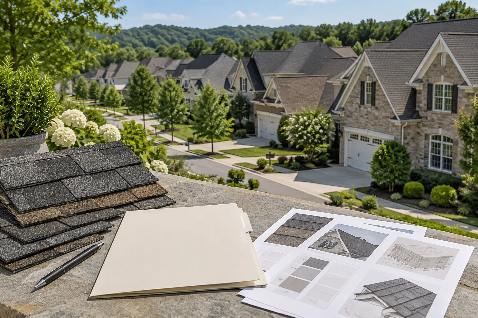 Roof color samples and a blank HOA review packet overlooking coordinated Northern Virginia neighborhood roofs