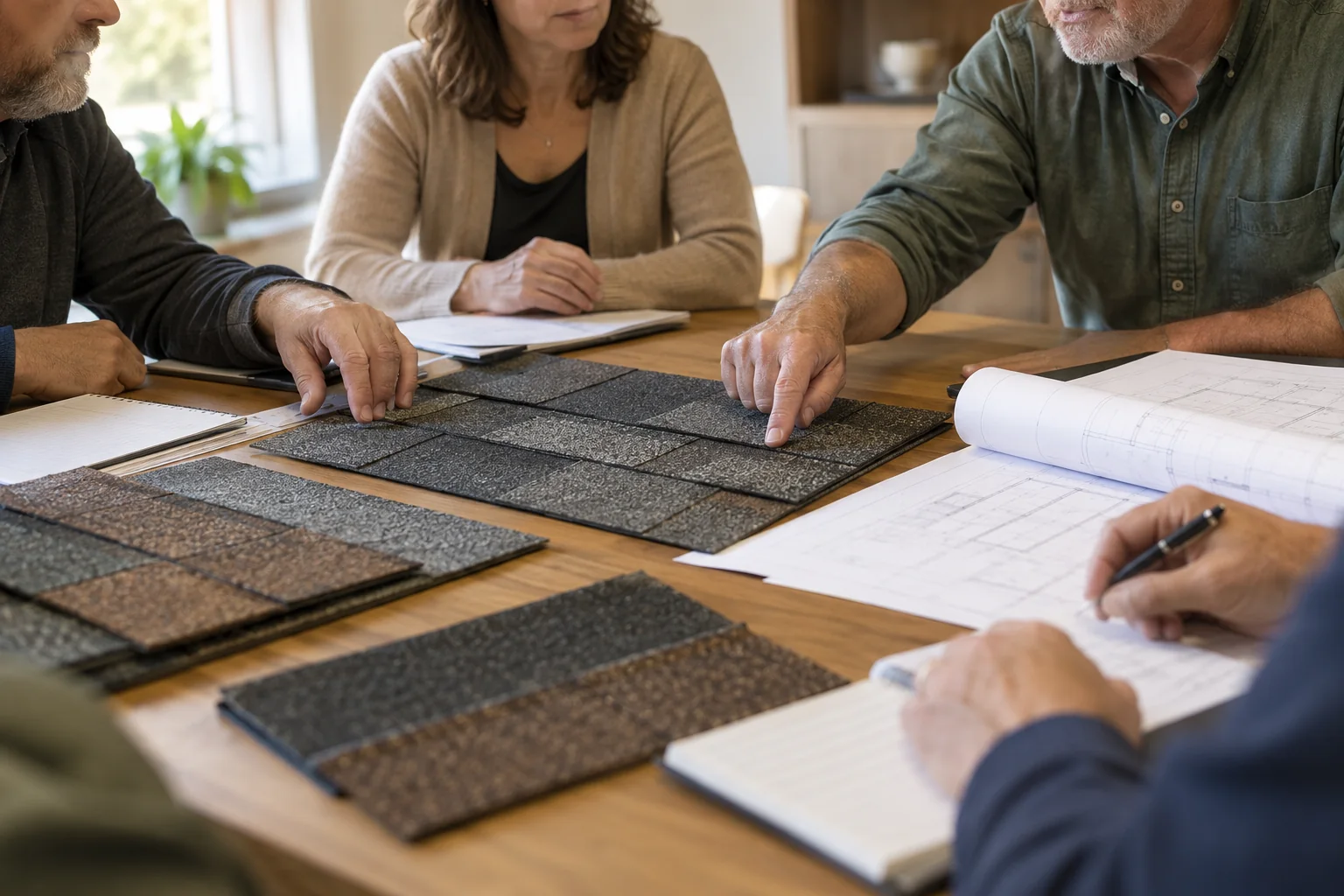 HOA roofing RFP guide illustration of board members comparing shingle samples and roof plans at a meeting table