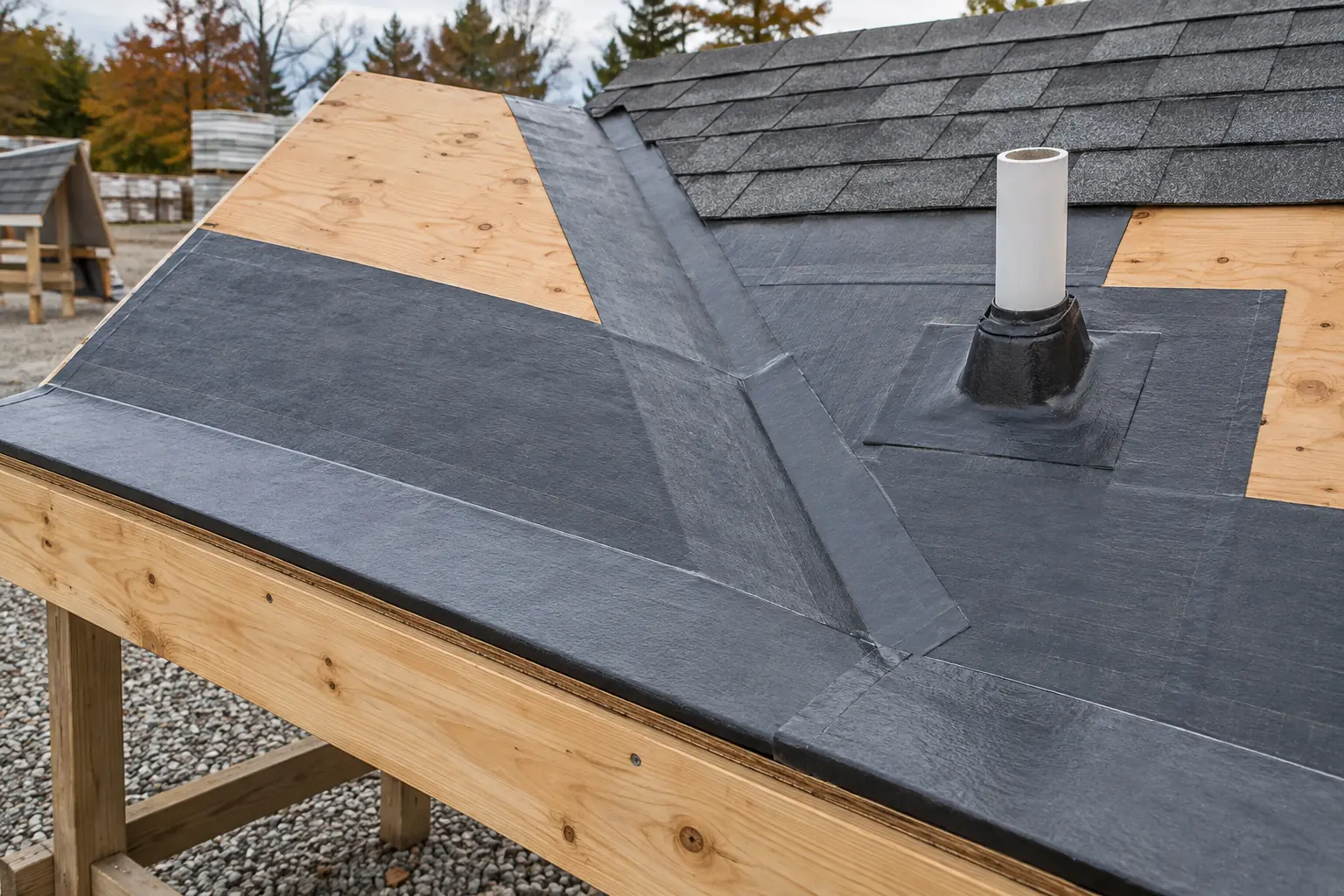 AI-generated editorial roof mockup showing ice and water shield at an eave, valley, and penetration in Northern Virginia