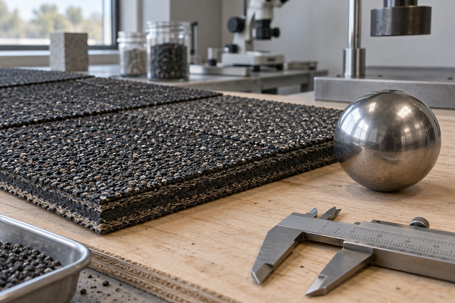 AI-generated editorial scene of an impact-resistant shingle test sample and steel ball for a Virginia guide