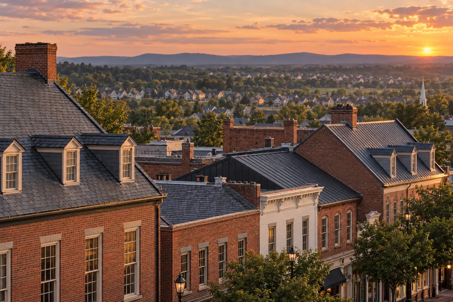 Historic Leesburg Virginia slate and standing-seam roofs overlooking newer subdivision rooflines