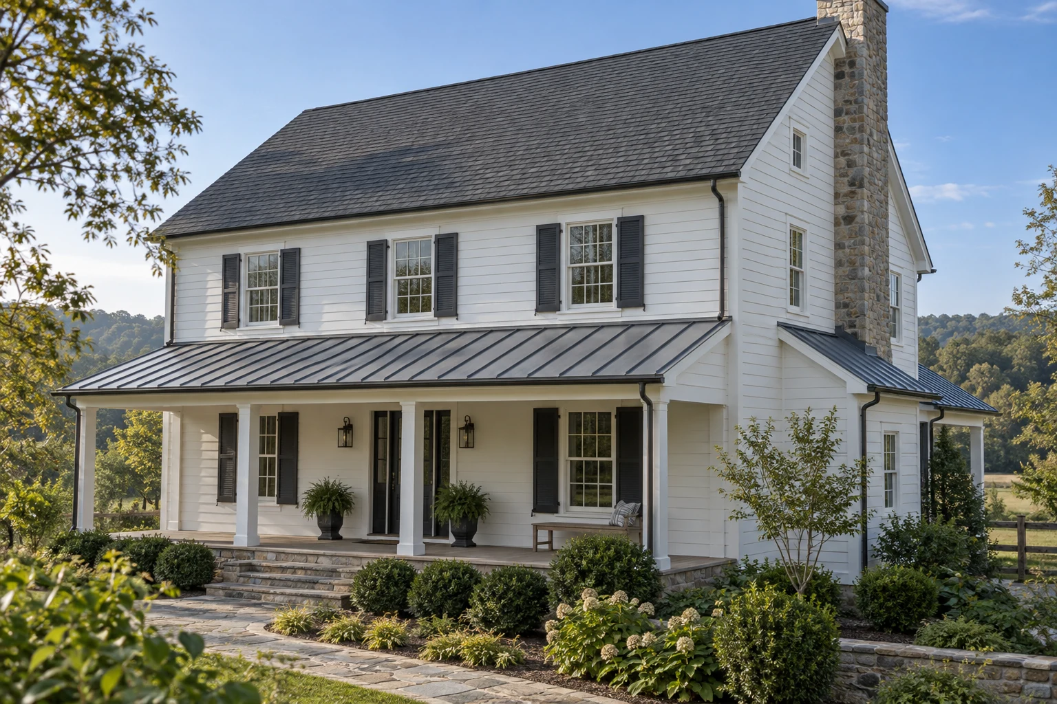 AI-generated editorial scene of standing seam metal and asphalt roof sections on a Virginia-style home