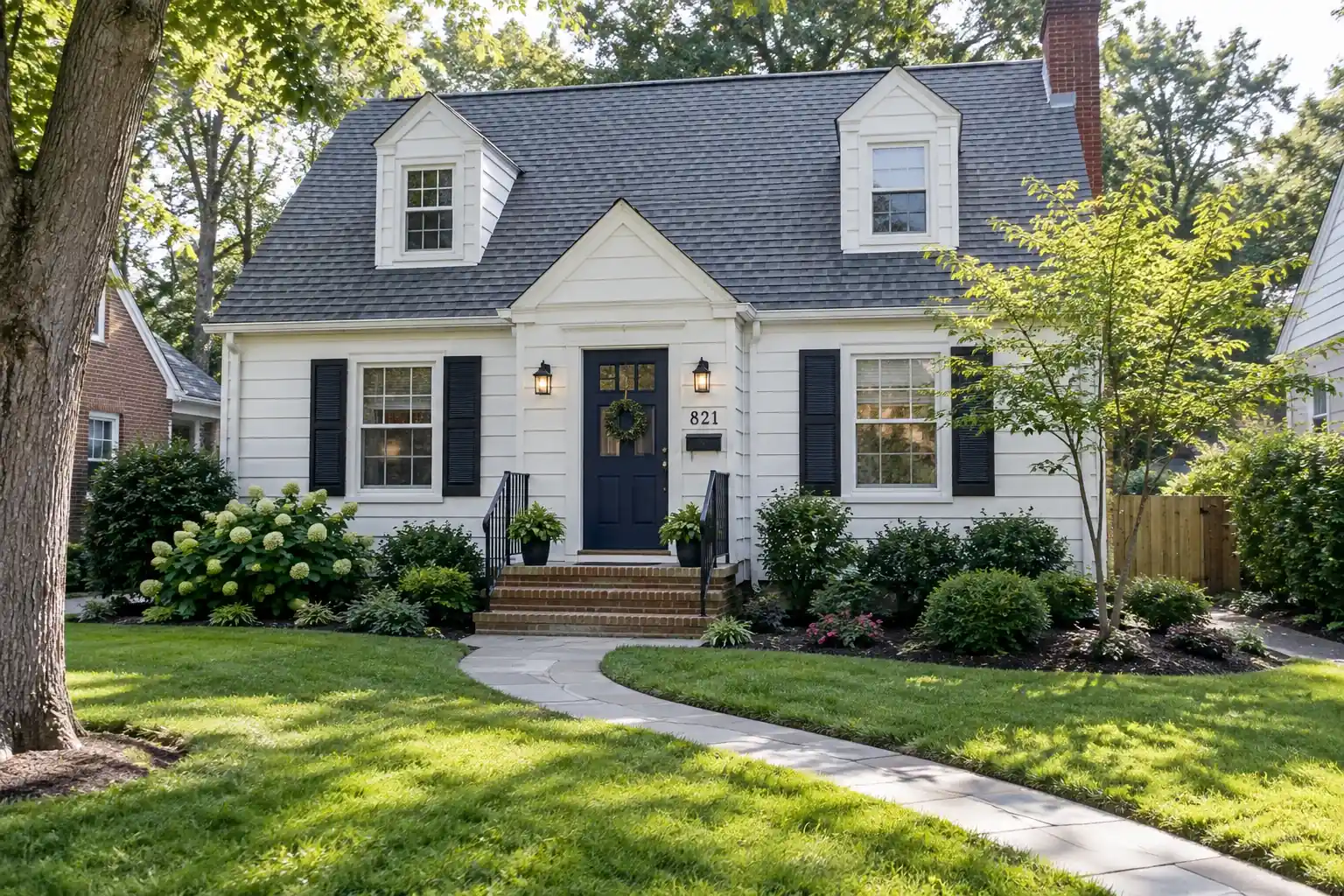 AI-generated editorial image: Tidy Cape Cod home with a gray roof and landscaped entrance