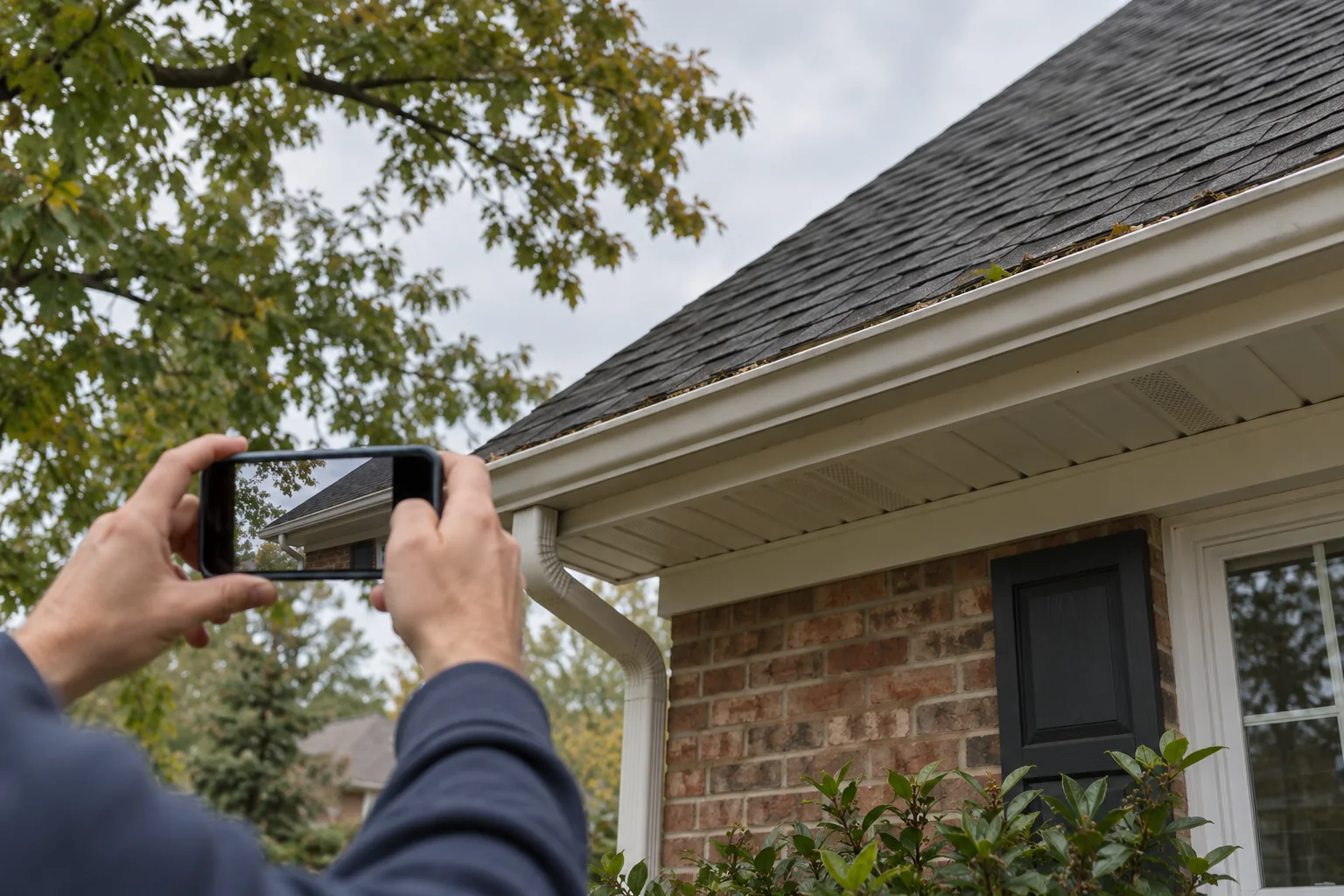 Northern Virginia storm season roof checklist illustration of a homeowner photographing an eave and gutter from the ground