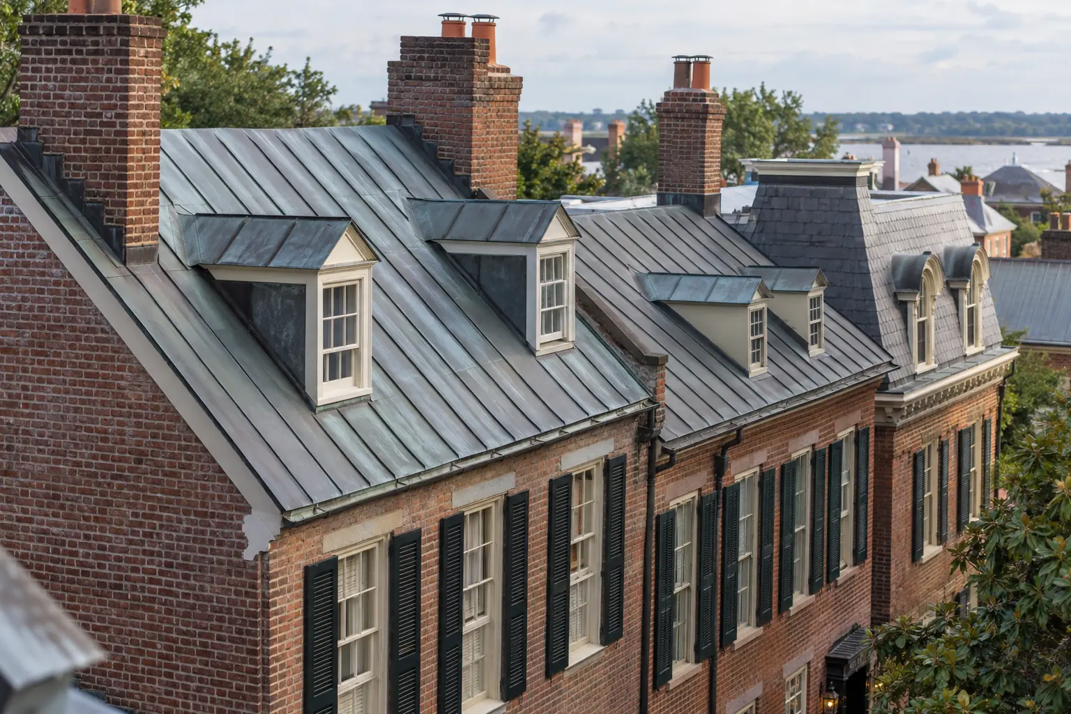 Old Town Alexandria historic roof guide illustration of Virginia brick row homes with metal roofs and slate mansard