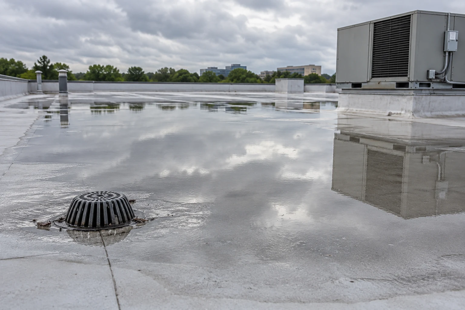 Ponding water on a flat roof in Northern Virginia beside a drain and equipment curb, generated editorial illustration