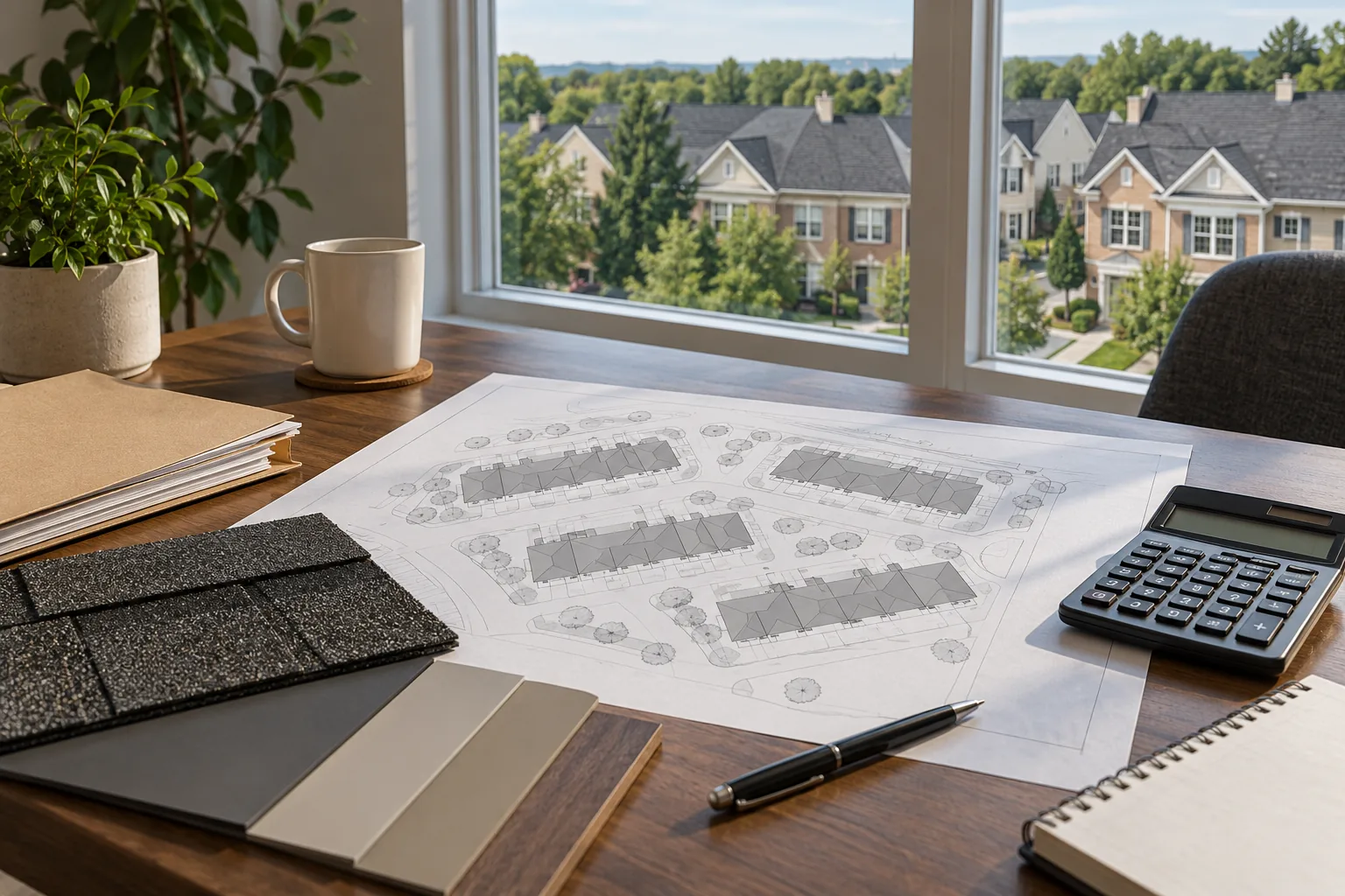Reserve-study roof budgeting documents and material sample overlooking Northern Virginia townhomes, generated editorial illustration