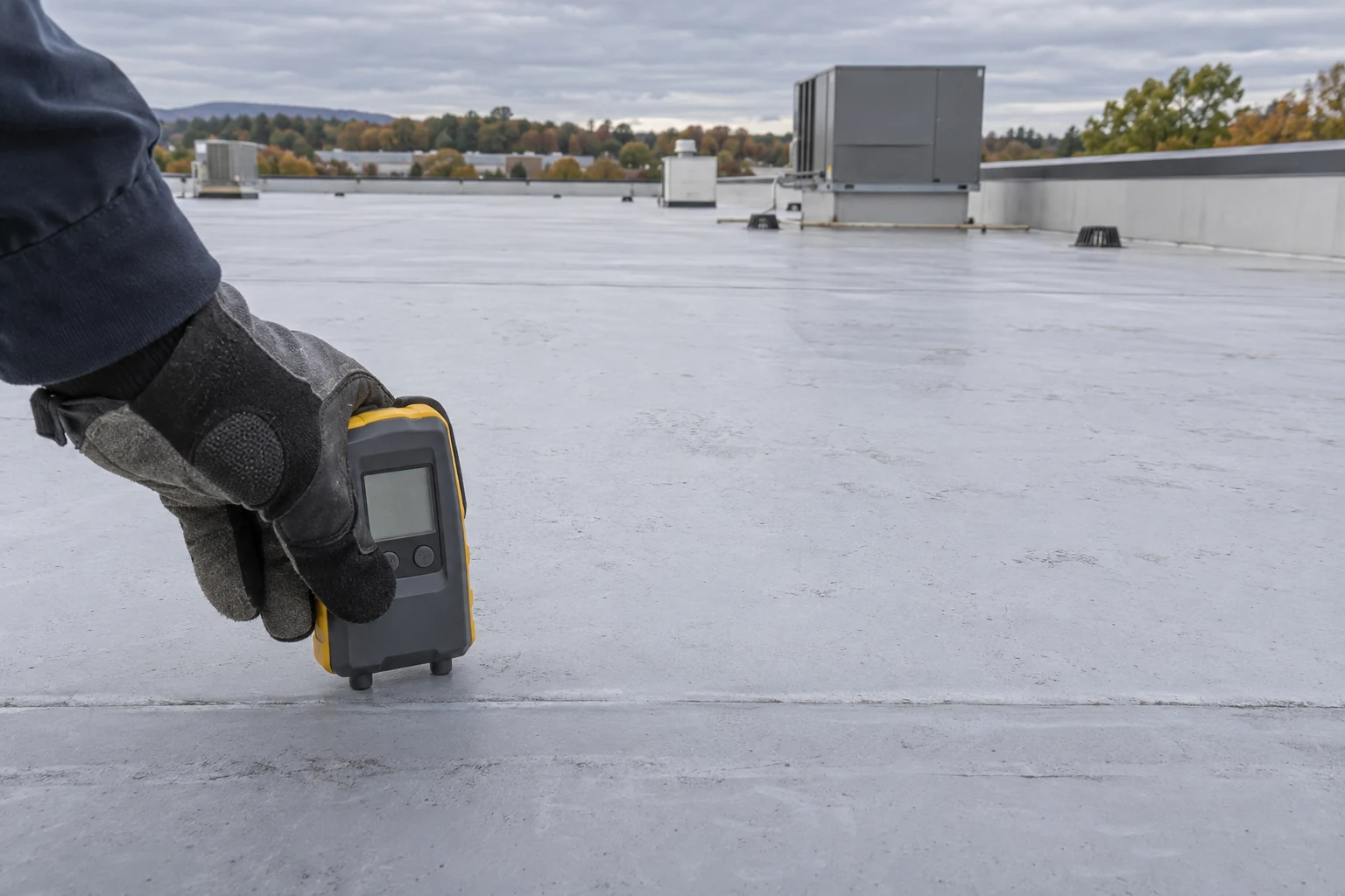 AI-generated editorial scene of a commercial low-slope roof inspection in Virginia