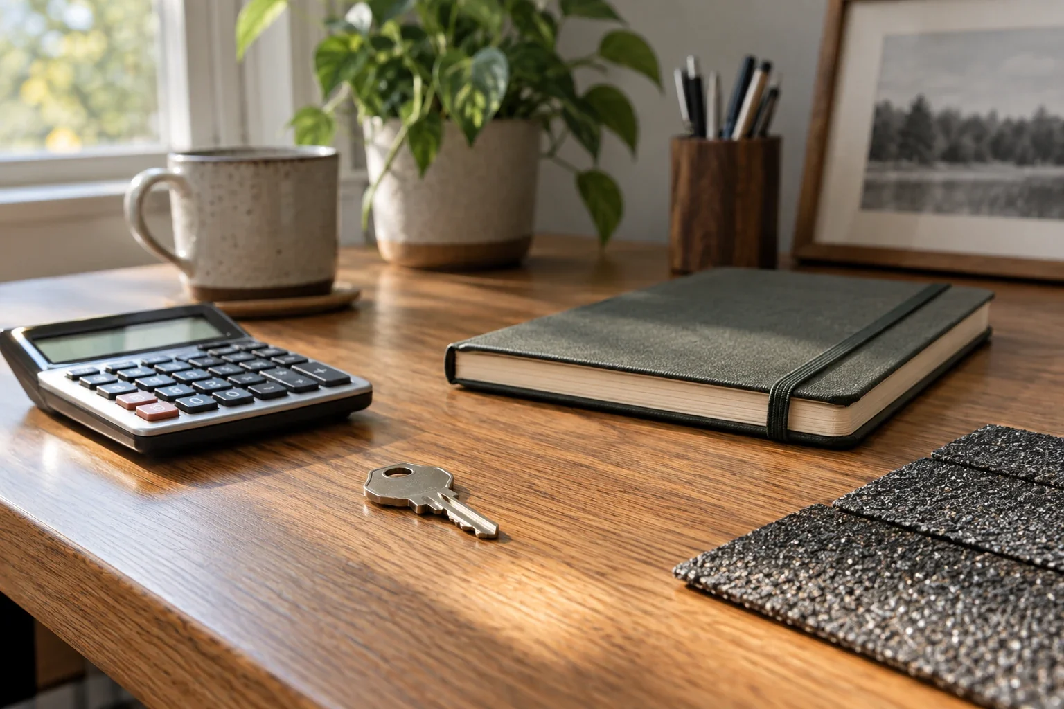 AI-generated editorial image: House key, calculator and roofing sample on a budgeting desk
