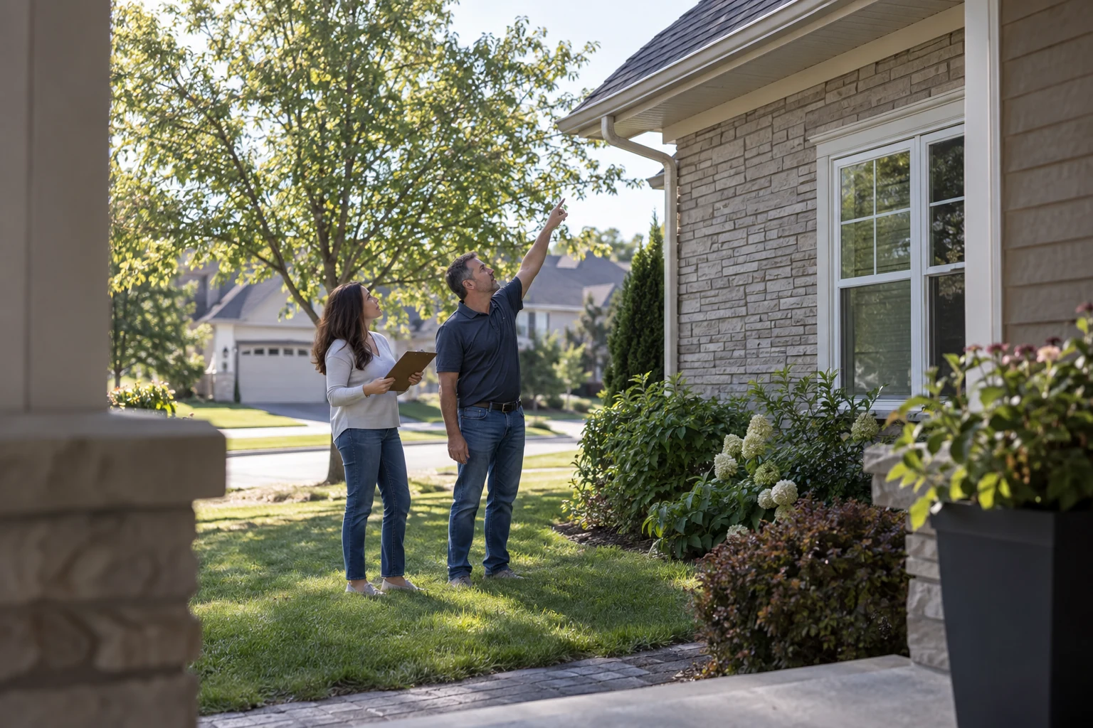 AI-generated editorial image: Two adults reviewing roof conditions from ground level