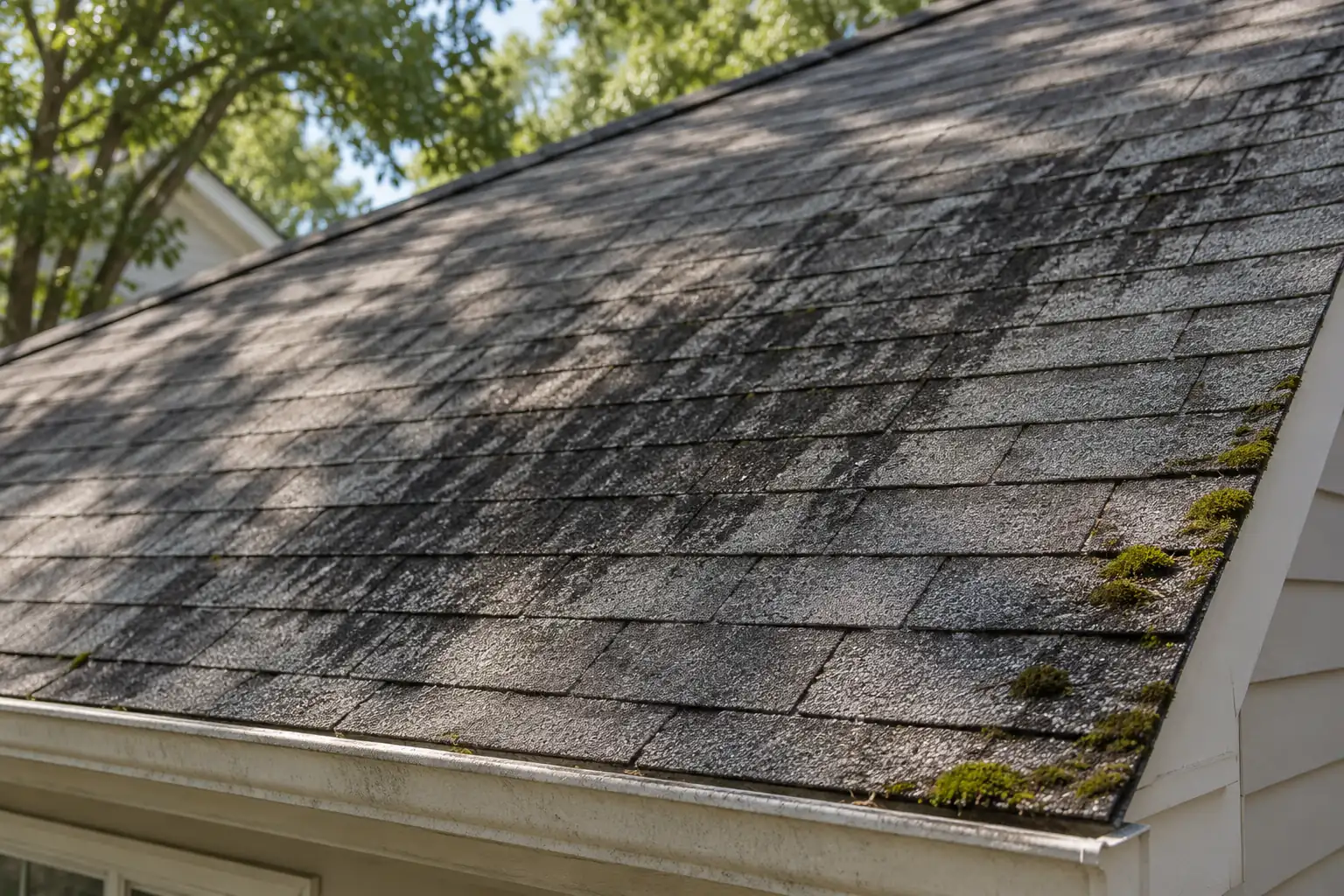 Black streaks and moss on asphalt shingles on a Virginia roof, generated editorial illustration