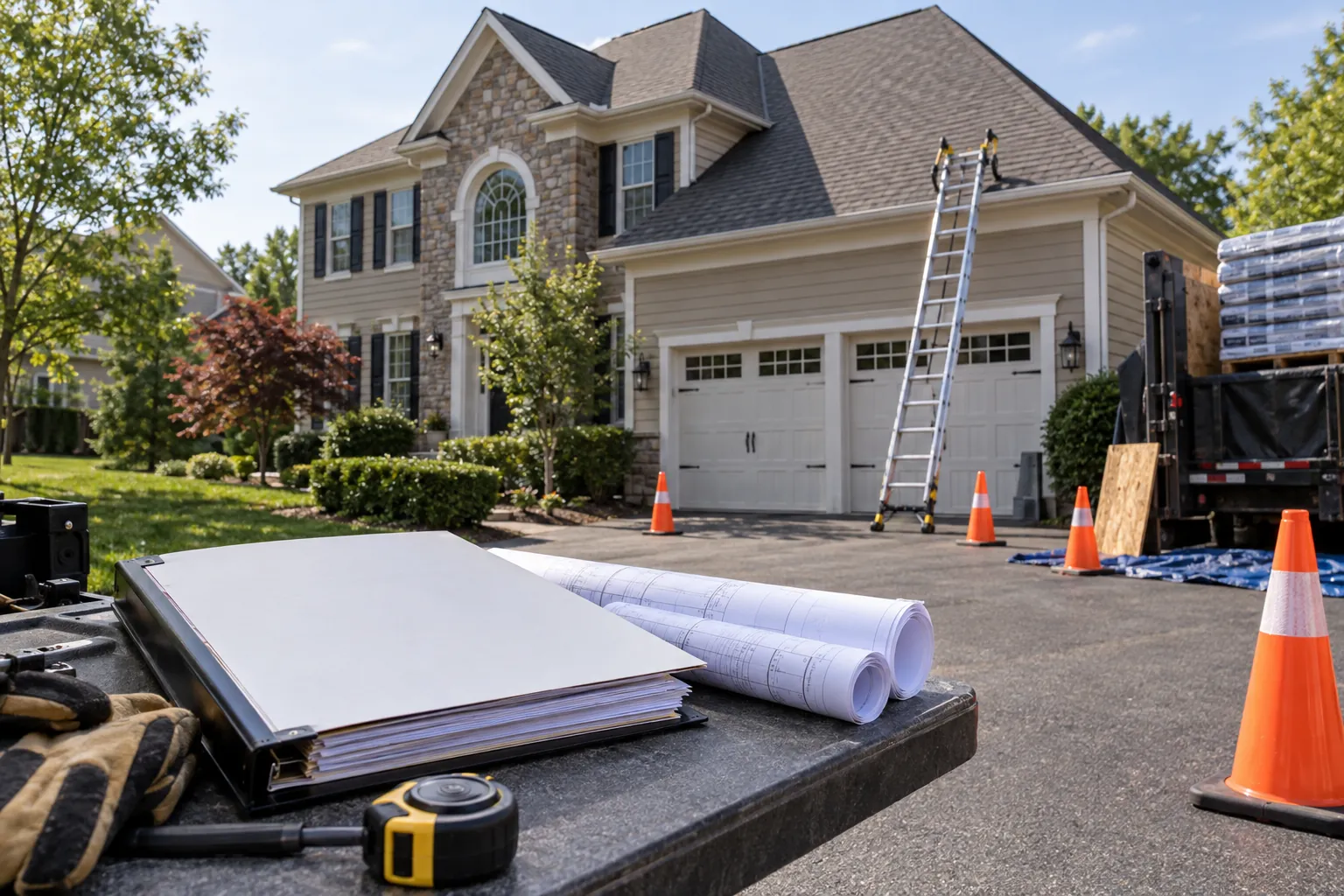 Northern Virginia roof replacement staging with blank permit folder, plans, ladder, and safety cones