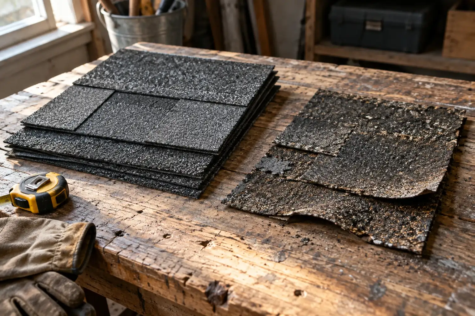 AI-generated editorial image: New and weathered shingle samples on a workbench
