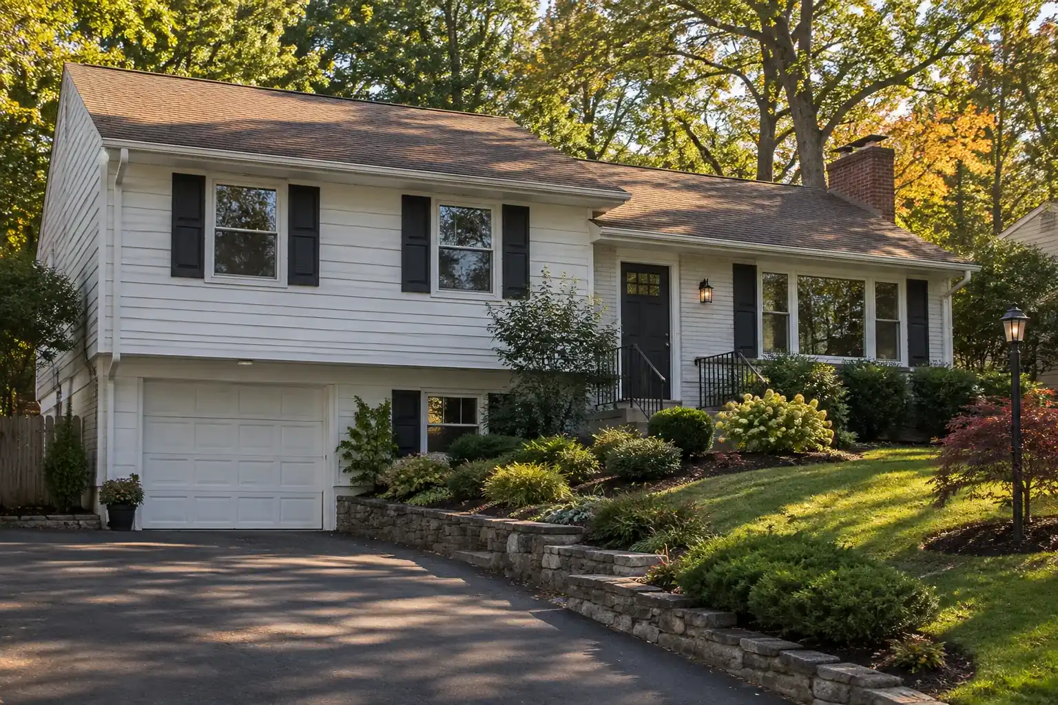 AI-generated editorial image: Split-level Virginia home with a low asphalt shingle roof