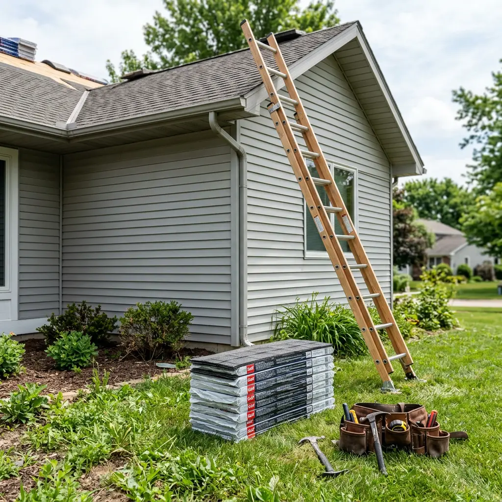 Roofing materials and tools illustrating a roof replacement timeline in Virginia