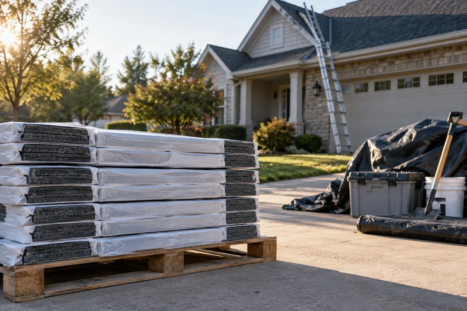 AI-generated editorial image: Organized roofing materials prepared beside a residential driveway