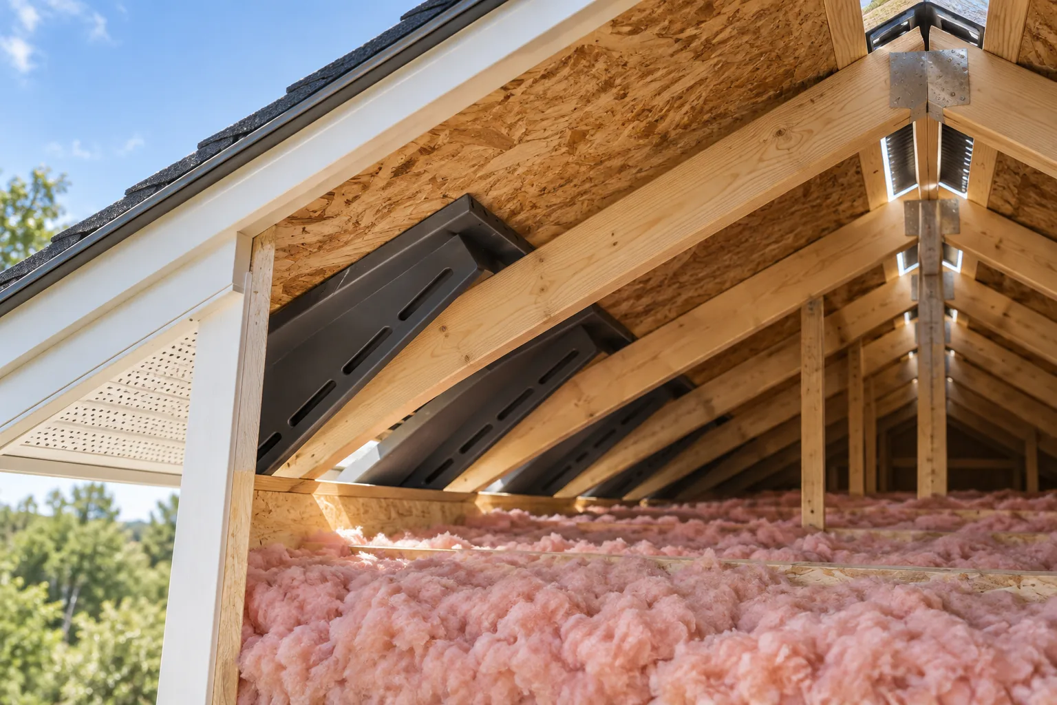 Photorealistic attic cutaway showing soffit intake baffles and a ridge exhaust vent in a Virginia roof