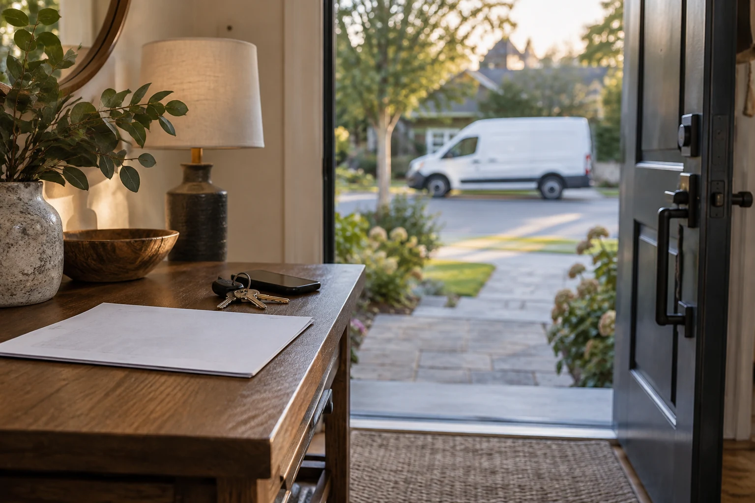 AI-generated editorial image: Unsigned paperwork and a phone beside a home's open doorway