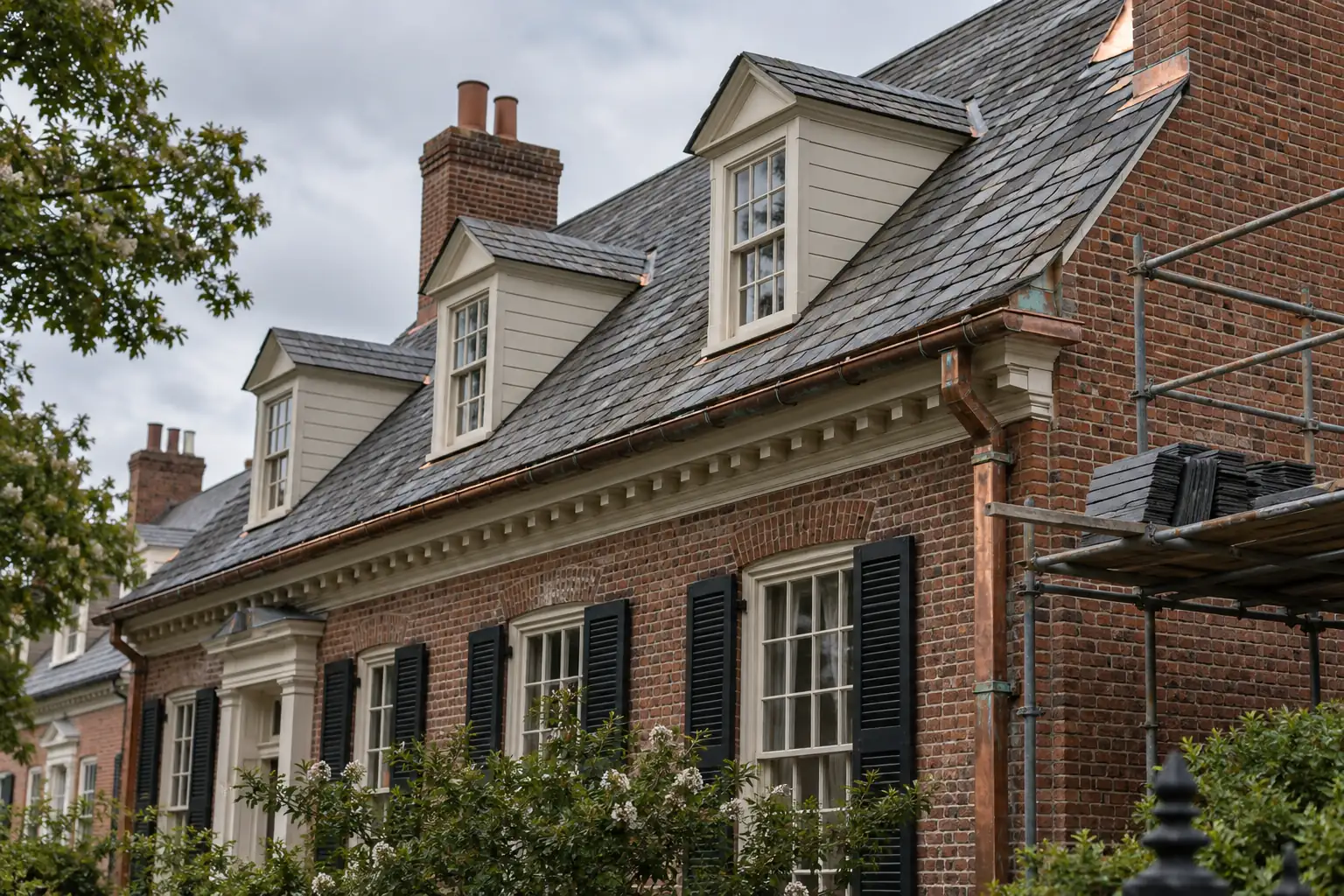 Historic Virginia brick home with natural slate roofing, copper flashing, and matching repair slates
