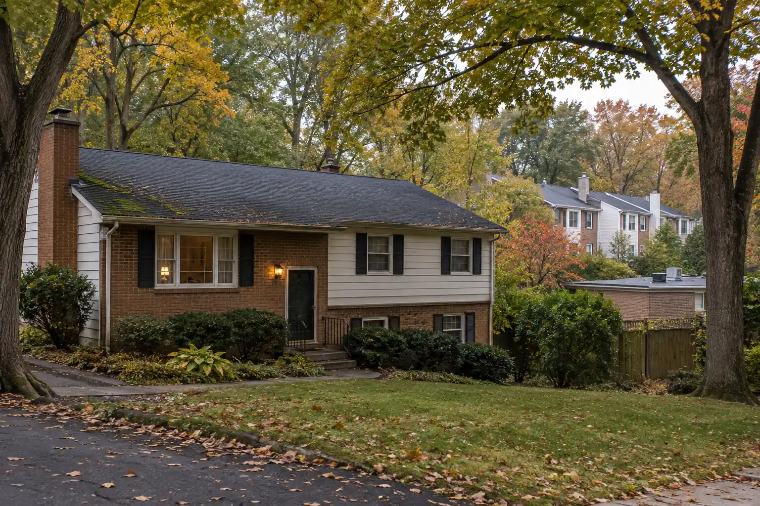 Mature trees shading a Sterling Virginia split-level roof with townhomes and a flat rear roof nearby