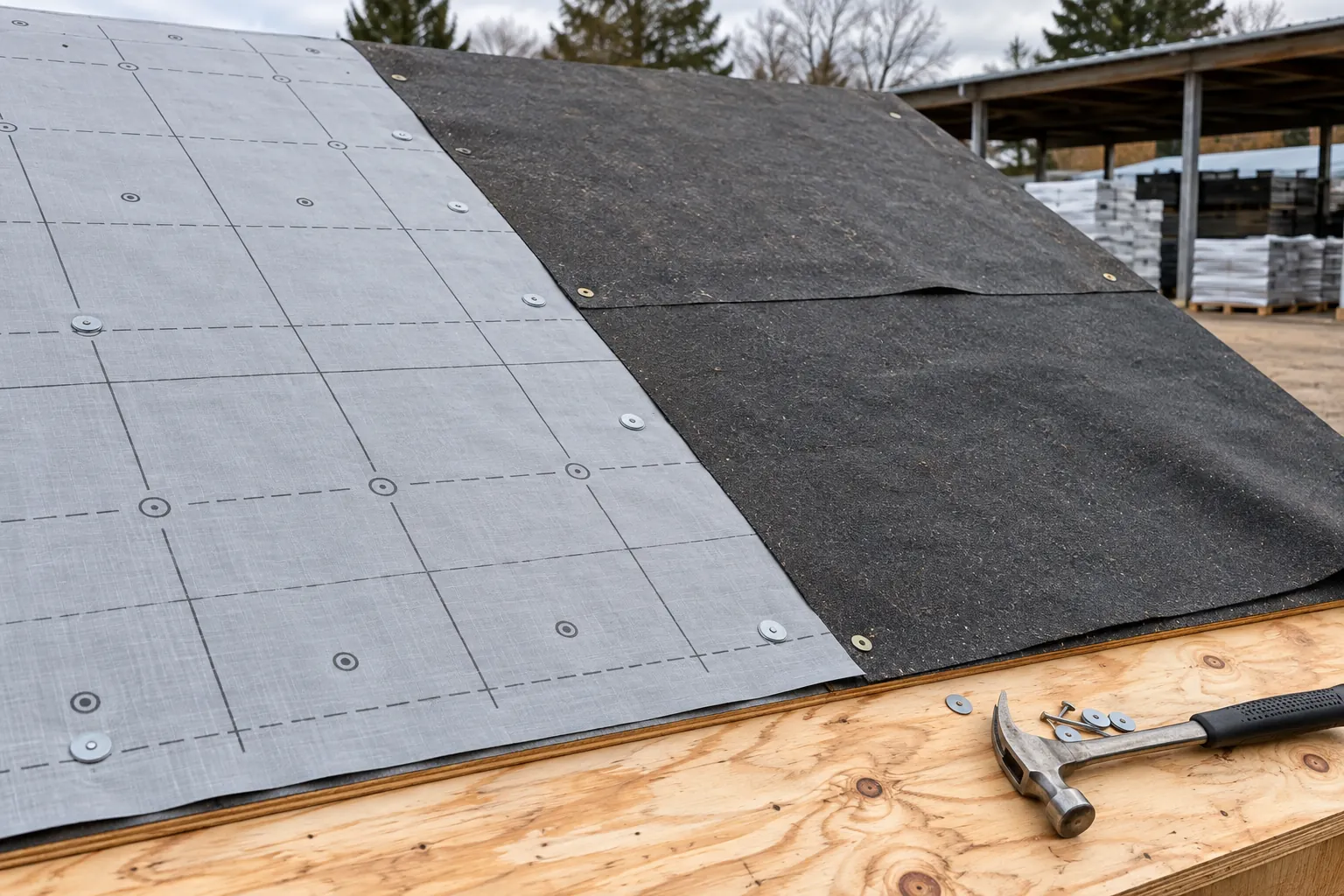 AI-generated editorial comparison of synthetic and felt roofing underlayment on a Virginia roof-deck mockup