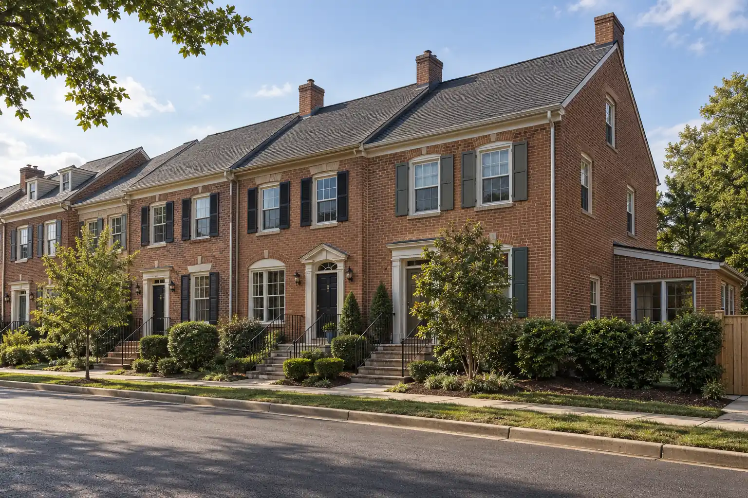 Shared townhome roof replacement structures in Northern Virginia, generated editorial illustration